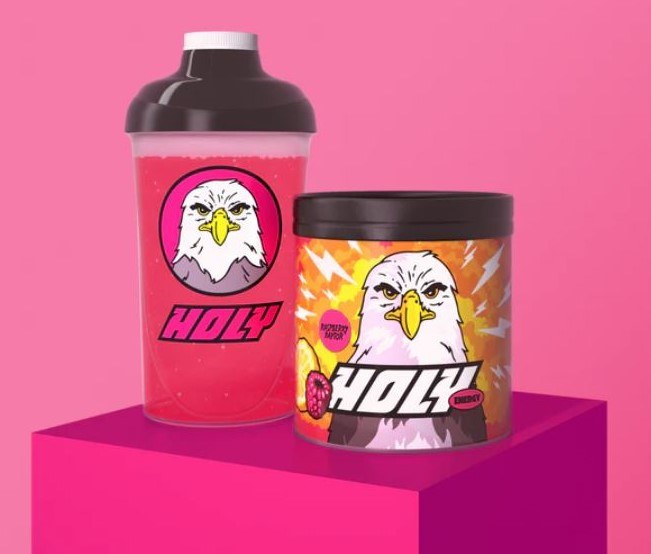 Shaker et pot Holy Energy saveur raspberry avec mascotte aigle