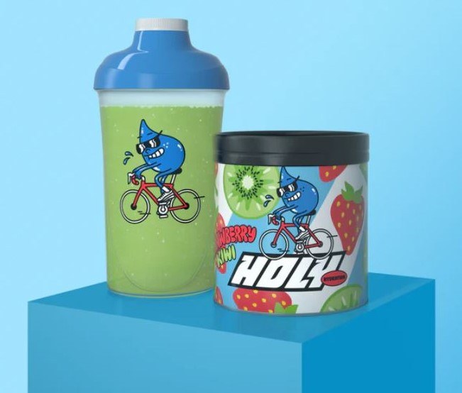 Shaker et pot Holy Hydratation saveur strawberry kiwi avec mascotte goutte d'eau cycliste
