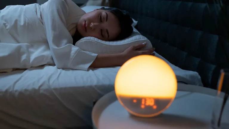 Lampe-réveil lumineuse sur une table de chevet à côté d'une personne qui dort