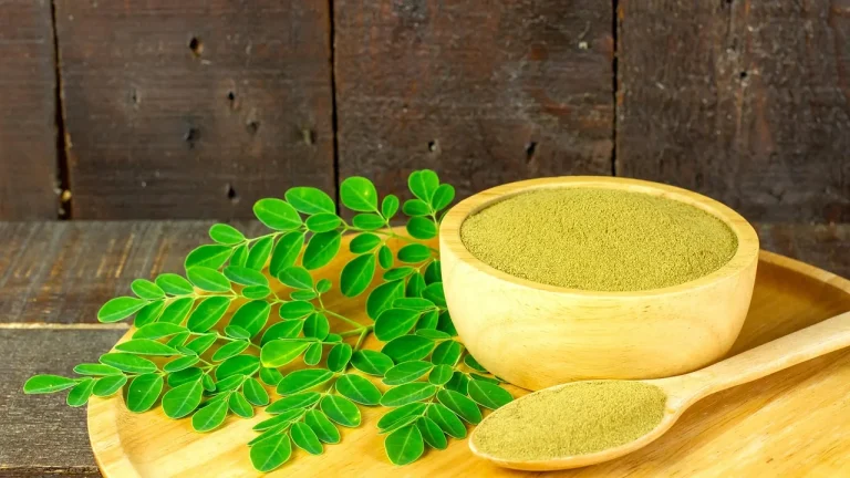 Feuilles de moringa et bol de poudre verte sur un plateau en bois