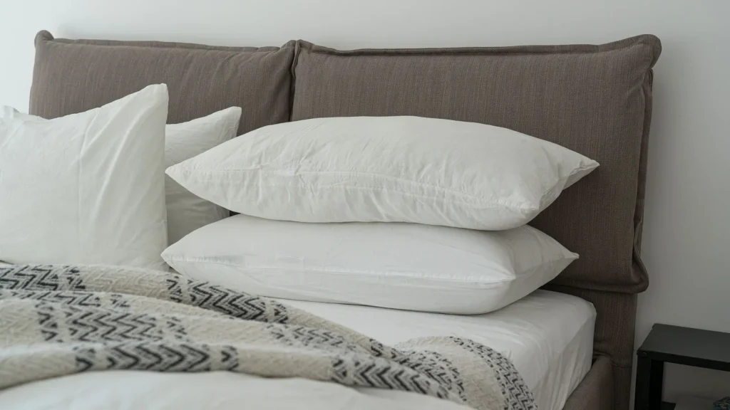 Pile d'oreillers blancs sur un lit avec plaid, tête de lit grise