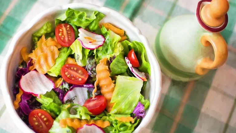 Saladier de salade, radis, tomates cerises et carottes sur une nappe à carreaux