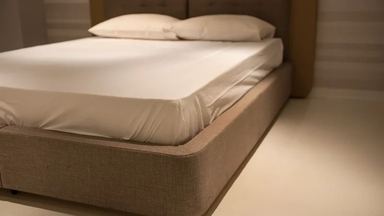 Lit avec matelas et oreillers, vu de côté, là où se glisse un capteur de sommeil