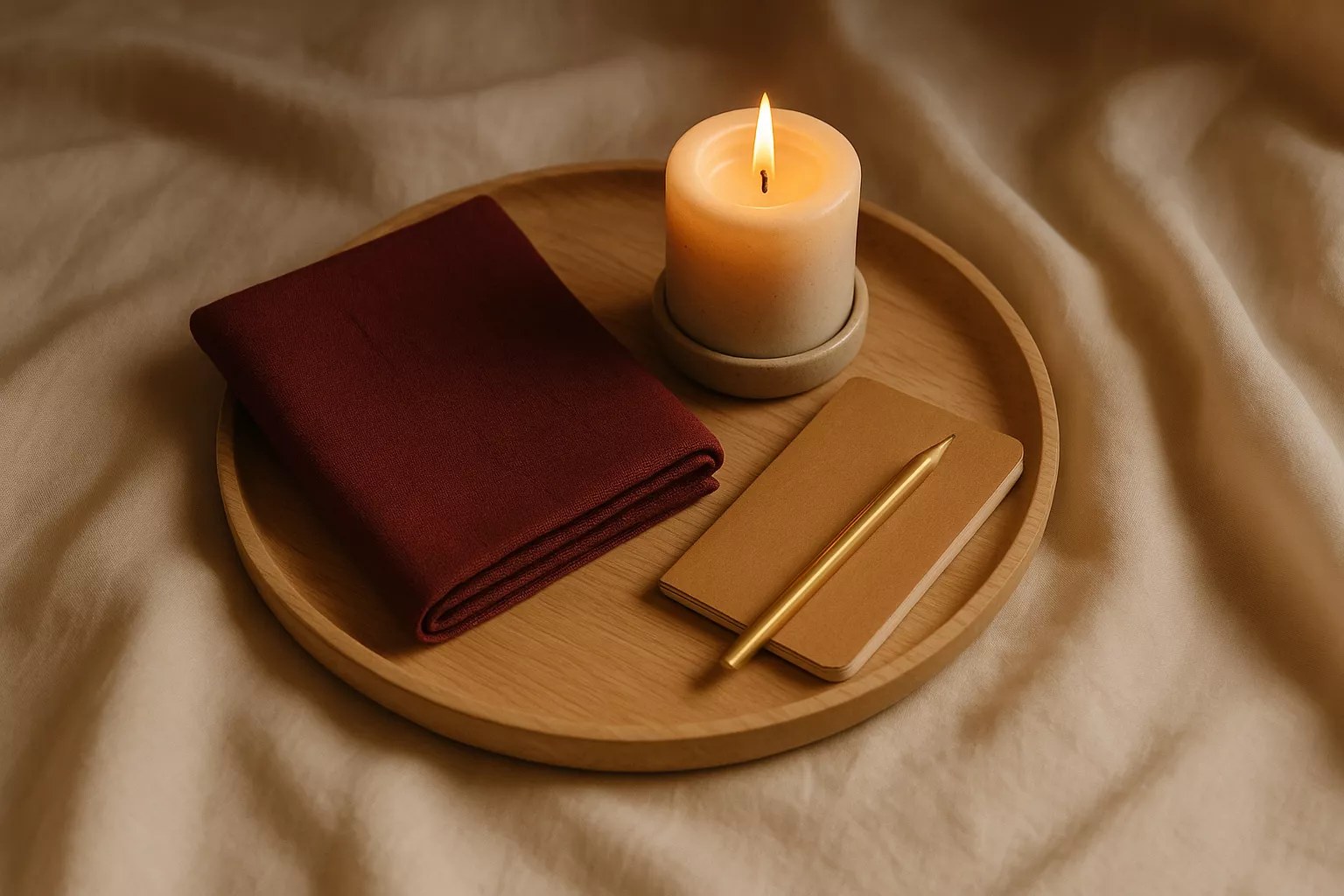 Bougie allumée sur plateau en bois avec serviette bordeaux et carnet, ambiance cocooning